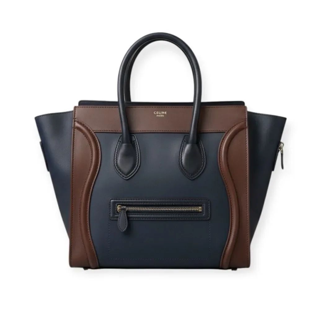 Celine Tricolor Navy Blue Brown & Black Mini Luggage Tote Bag Auth